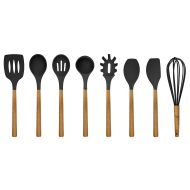 Country Kitchen 8 pc Non Stick Silicone Utensil Set with Rounded Wood Handles for Cooking and Baking - Black