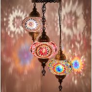 DEMMEX Turkish Moroccan Mosaic Hardwired OR Swag Plug In Chandelier Light Ceiling Hanging Lamp Pendant Fixture, 3 Big Globes (3 X 7 Globes Swag)