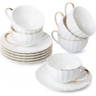 Brew To A Tea BTaT- Tea Cups and Saucers, Set of 6 (7 oz) with Gold Trim and Gift Box, Cappuccino Cups, Coffee Cups, White Tea Cup Set, British Coffee Cups, Porcelain Tea Set, Latte Cups, Espres