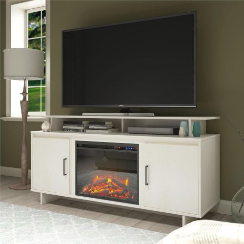  Ameriwood Home Merritt Avenue Electric Fireplace Console with Storage Cabinets for TVs up to 74, Ivory Oak