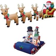 BZB Goods Two Christmas Party Decorations Bundle, Includes 12 Foot Long Christmas Inflatable Santa Claus on Sleigh with 3 Reindeer, and 6 Foot Long Christmas Inflatable Snowman Penguin on Sl