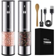 Electric Salt and Pepper Mills Set of 2 Stainless Steel (Rechargeable, LED Lighting, with Adjustable Ceramic Grinder, Brush, Wooden Spoon) Spice Mill Electric