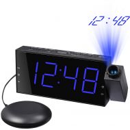 Mesqool Projection Clock with Bed Shaker Alarm, Loud Alarm Sound & Vibrating Projector Clock for Heavy Sleepers, 7 LED Display & Dimmer,12/24H, DST, USB Charger, Battery Backup for