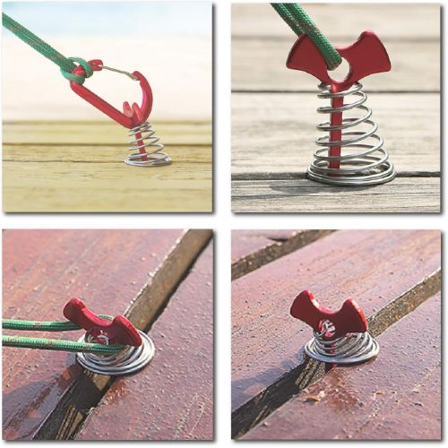  TRIWONDER 6pcs Deck Plank Board Tent Stakes Aluminum Spring Anchor Fishbone Guyline Cord Adjuster Tent Pegs with Carabiners for Outdoor Camping Hiking (Red Spring Nails + Carabiner