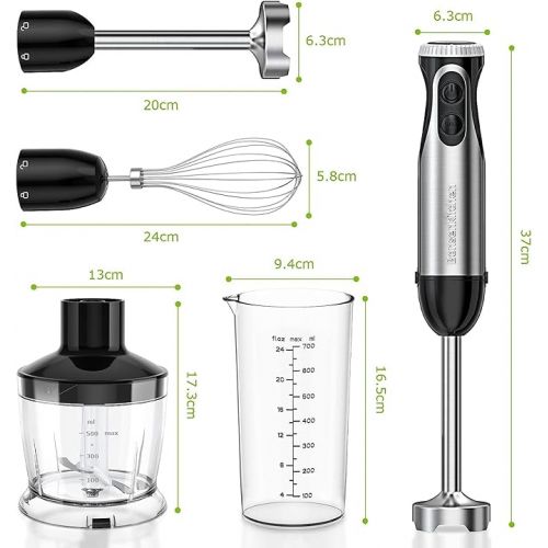  Bonsenkitchen HB3203 4-in-1 Electric Hand Blender, 1000 W Continuous Speeds, Stainless Steel, Whisk, 500 ml Chopper and 700 ml Measuring Cup for Baby Food, Black
