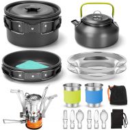 Odoland 16pcs Camping Cookware Set with Folding Camping Stove, Non-Stick Lightweight Pot Pan Kettle Set with Stainless Steel Cups Plates Forks Knives Spoons for Camping Backpacking