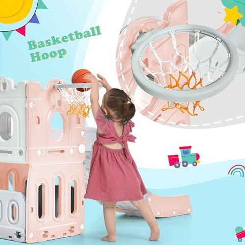  Merax 6-in-1 Kids Slide with Climber, Basketball Hoop, Tunnel and Storage Space, Outdoor Indoor Slide Playset for Toddlers Age 1-12