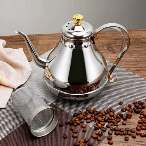  0Miaxudh Teekanne, Edelstahl-Teekanne, Schwanenhals Kaffee-Teekessel giessen, Filterkorb - Golden 1.2L