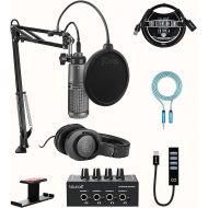 Audio-Technica AT2020USB+PK Streaming/Podcasting Pack Bundle with Blucoil Headphone Amp, 6 3.5mm Extension Cable, Pop Filter, USB-A Mini Hub, 3 USB Extension Cable, and Aluminum He