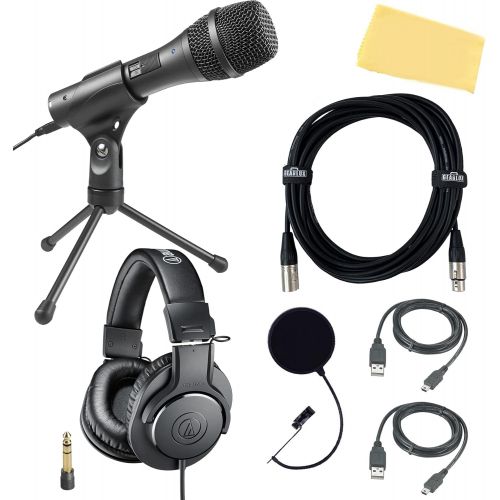 오디오테크니카 Audio-Technica Education Pack w/ AT2005USB USB/XLR Microphone, ATH-M20x Headphones, Stand Clamp, Tripod Stand, USB-A and USB-C cables, Gearlux XLR Cable, Pop Filter, and Austin Baz