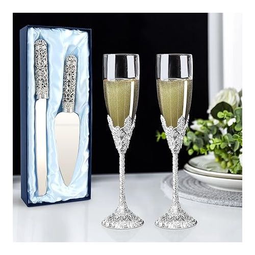  Silver Champagne Flutes - Crystal Glasses&Metal Base With Crystal Stone, Set of 2 Toasting Flute Pair, Wedding Anniversary, Party Birthday Banquets Gifts for Bride and Groom 6 oz