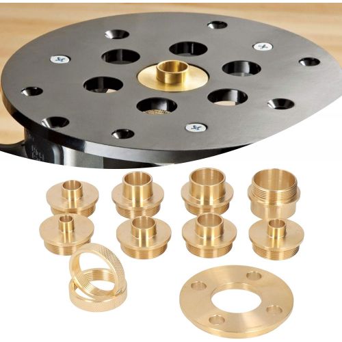 Aramox Template Router Guides Kit, Brass Guide Bushing Set with Lock Nut Adapter Portable Router Accessory with Storage Case for Milling Industry Cutout Work Dovetailing Hinge Routing, 11