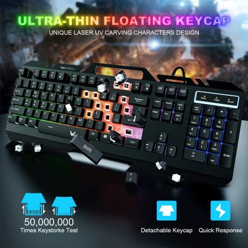  Gaming Keyboard, WisFox USB Wired Keyboard Durable All-Metal Panel Computer Keyboard, Colorful Rainbow LED Backlit Wired Computer Gaming Keyboard for PC/Mac Game, Office Typing