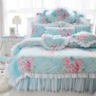 LELVA Romantic Rose Flower Print Bedding for Girls Duvet Cover Set with Bed Skirt Blue Lace Ruffle Floral Shabby Bedding Sets Twin 4 Piece