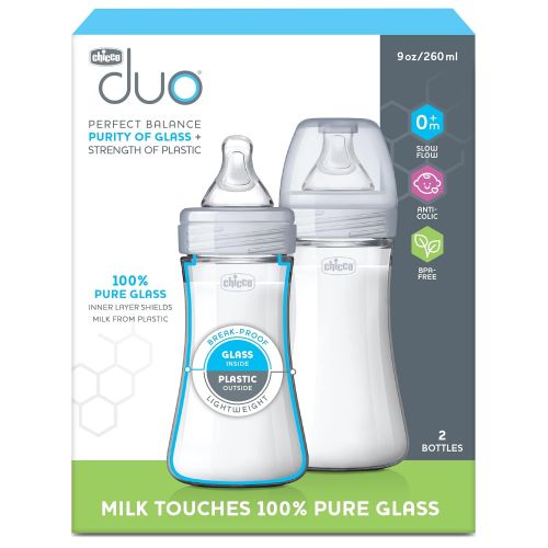 치코 Chicco Duo 9oz. Hybrid Baby Bottle with Invinci-Glass Inside/Plastic Outside 2-Pack with Slow Flow Anti-Colic Nipple - Clear/Grey