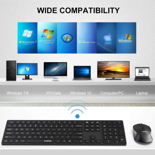  Wireless Keyboard and Mouse Combo, WisFox 2.4G Full-Size Slim Thin Wireless Keyboard Mouse for Windows, Computer, Desktop, PC, Laptop Mac (Dark Black)