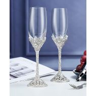 Champagne Flutes - Crystal Glass Metal Base With Crystal Stones, Set of 2 Toasting Flute Pair, Wedding Anniversary Party Birthday Banquets and Gifts for Bride and Groom7oz