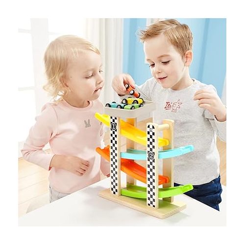  Toddler Toys for 1 2 Year Old Boy and Girl Gifts Wooden Race Track Car Ramp Racer with 4 Mini Car