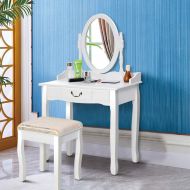Giantex White Vanity Table Set with Stool, Dressing Table for Girls Women Mirror Makeup Table Desk Room Vanity Dresser, Large Bedroom Vanities w/Drawer