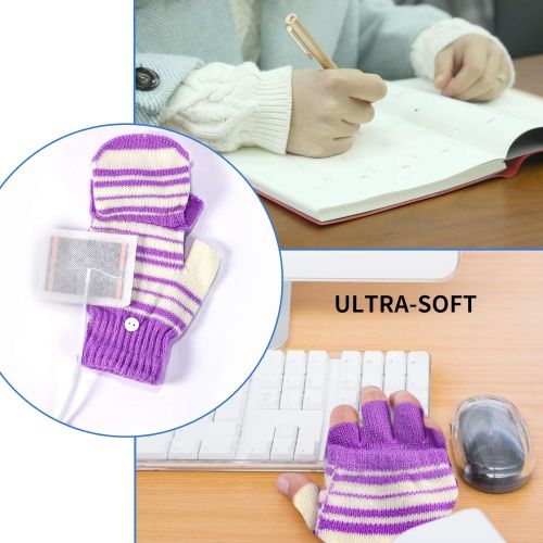  [아마존베스트]Fpxnb 2 Pairs USB Heated Gloves for Men and Women, USB 2.0 Powered Stripes Heating Pattern Knitting Wool Heating Mittens Hands Warmer Fingerless Washable Design Winter Gift(Purple&Pink)
