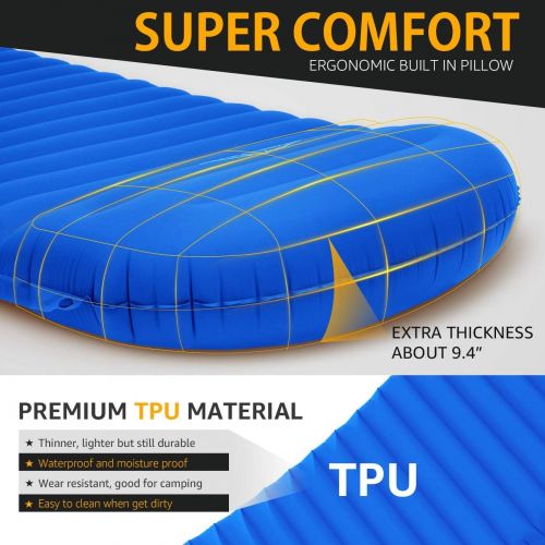  Overmont Large Sleeping Pad (74.8x27.5in) with Pillow 4.7in Extra Thickness Mat Ultralight Inflatable Camping Air Mattress for Backpacking Hiking Car Travel Waterproof with Carryin