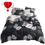 BuLuTu Tropical Queen Duvet Cover with Fitted Sheet Cotton Black White,4 Pieces Modern Botanical Leaf Boho Reversible Teen Boys Girls Comforter Cover Full Queen Bedding Sets,No Com