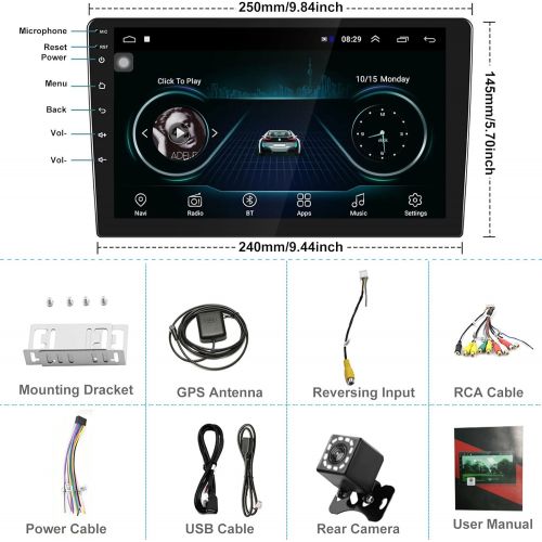  Android Car Radio 10 Inch Touch Screen GPS Sat Navi Stereo Player AMprime 2 Din Bluetooth WiFi FM Receiver Mobile Phone Mirror Link Dual USB + Backup Camera