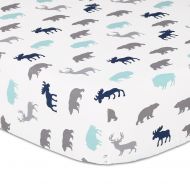 The Peanut Shell Woodland Trail Animal Silhouette Navy Aqua Grey Forest Theme Fitted Crib Sheet