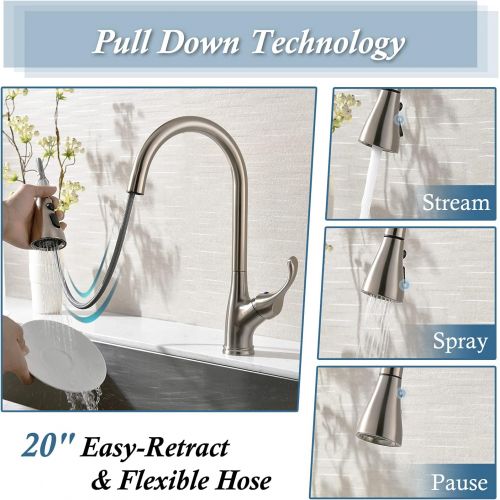  APPASO Pull Down Kitchen Faucet with Sprayer Stainless Steel Brushed Nickel - Single Handle Commercial High Arc Pull Out Spray Head Kitchen Sink Faucets with Deck Plate