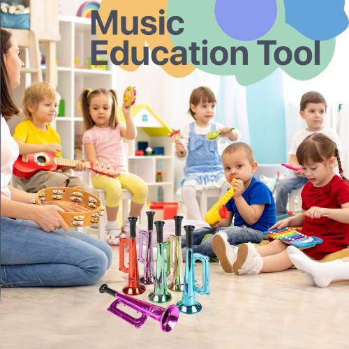  [아마존베스트]Kicko Metallic Trumpet Toys - 12 Pack - Assorted Colors - Shiny Plastic Horns for Kids, Party Favors, Music Class, Pretend Play, Stage Props, Christmas Gifts - 6 Inches