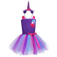 TiaoBug Kids Girls Rainbow Cartoon Tutu Dress Princess Costume with Headband for Halloween Cosplay Birthday Party