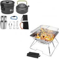 Odoland Bundle ? 2 Items 10pcs Camping Cookware Mess Kit and Folding Campfire Grill, Camping Fire Pit, Outdoor Wood Stove Burner for Outdoor Backpacking Hiking BBQ