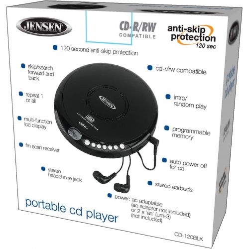  [아마존베스트]Jensen Portable CD-120BK Portable Personal CD Player Compact 120 SEC Anti-Skip CD Player  Lightweight & Shockproof Music Disc Player & FM Radio Pro-Earbuds for Kids & Adults