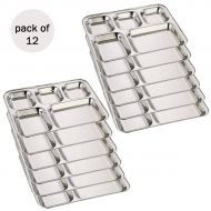 WhopperIndia Heavy Duty Stainless Steel Rectangle/Square Deep Dinner Plate w/5 Sections Divided Mess Trays for Kids Lunch, Camping, Events & Every Day Use 34 cm each - Set of 12 Pc