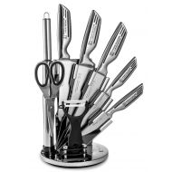 Imperial Collection KST12 9-Piece Stainless Steel Kitchen Cutlery Knife Set with Rotating Block Stand, Silver Signature
