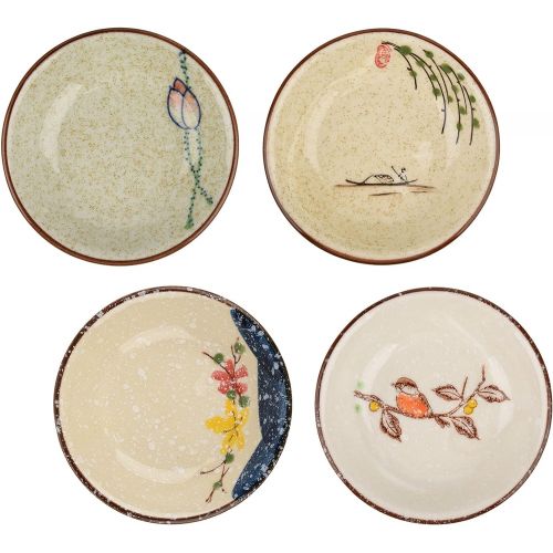  [아마존베스트]Beautyflier Set of 4 Ceramic Sauce Dish Soy Sauce Dipping Bowls Appetizer Plates Side Dishes Serving Dish Japanese Style Dinnerware Set (Fish Pattern(3.75inch))