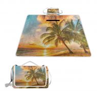 FunnyCustom Picnic Blanket Beautiful Sunset Palm Tree Beach Outdoor Blanket Portable Moisture Proof Picnic Mat for Beach Camping