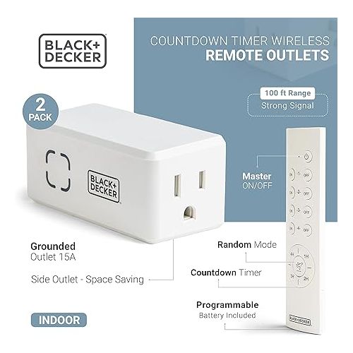  BLACK+DECKER Wireless Remote-Control Outlet Timers, Pack of 2 Grounded Outlets, 1 Remote