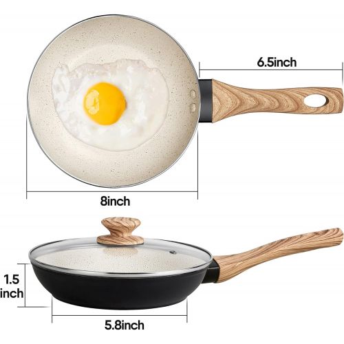  [아마존베스트]MICHELANGELO Small Frying Pan with Lid, Stone Nonstick Frying Pan with Bakelite Handle, Stone-Derived Non-Stick 8 Inch Frying Pan, White Stone Nonstick Frying Pan with Lid - 8 Inch