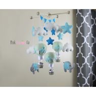 Pinklemonco Baby Mobile- Elephants and hot air balloon mint and blue: Baby