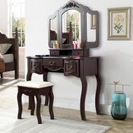 Giantex Vanity Dressing Table Set with Stool, Tri Folding Vintage Vanity Makeup Dressing Table Set 5 Drawers Christmas, Large Vanities with Bench (Brown)
