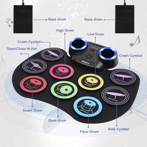  [아마존베스트]Anpro Electronic Drum Set Foldable Built-in Speaker,9 Pads Stereo Electronic Drum Kit with MIDI Portable Roll up Drum Pad,USB/Battery Charge for Beginners