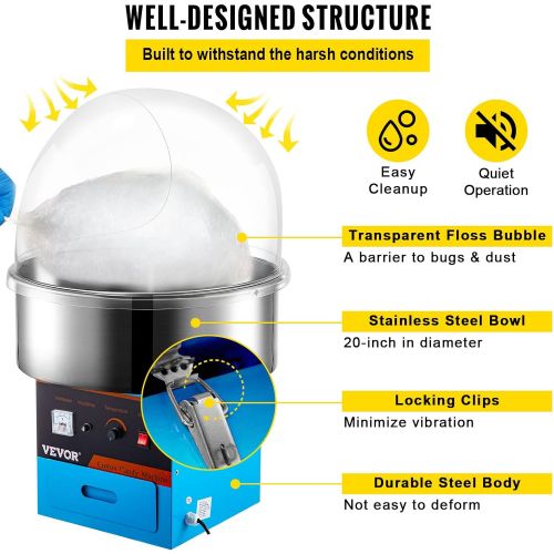  VBENLEM 20.5 Inch Commercial Cotton Candy Machine with Cover Electric Candy Floss Maker for Party(Blue)