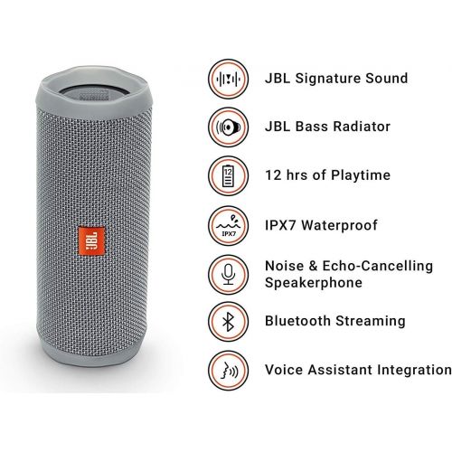 제이비엘 JBL Flip 4, Gray - Waterproof, Portable & Durable Bluetooth Speaker - Up to 12 Hours of Wireless Streaming - Includes Noise-Cancelling Speakerphone, Voice Assistant & JBL Connect+