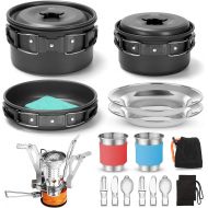 Odoland 16pcs Camping Cookware Mess Kit with Folding Camping Stove, Non-Stick Lightweight Pots Pan Set with Stainless Steel Cups Plates Forks Knives Spoons for Camping, Backpacking