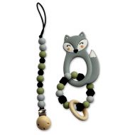 AmishToyBox.com Hand-Made Silicone Teething Relief Baby Toy with Pacifier Holder Clip Set, Fox Baby Teether