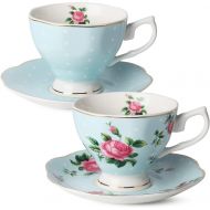 Brew To A Tea BTaT- Floral Tea Cups and Saucers, Set of 2 (Blue - 8 oz) with Gold Trim and Gift Box, Coffee Cups, Floral Tea Cup Set, British Tea Cups, Bone China Porcelain Tea Set, Tea Sets for