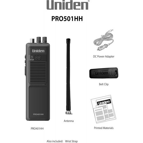  Uniden PRO501HH Pro-Series 40-Channel Portable Handheld CB Radio/Emergency/Travel Radio, Large LCD Display, High/Low Power Saver, 4-Watts, Auto Noise Limiter, NOAA Weather, and Ear