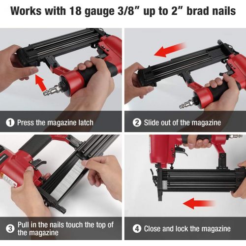  [아마존베스트]WORKPRO 18-Gauge Pneumatic Brad Nailer, Compatible with 3/8” up to 2” Nails, Depth Adjustment Nail Gun for Upholstery, Carpentry and Woodworking Projects