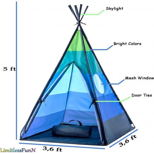 [아마존베스트]LimitlessFunN Teepee Kids Play Tent Bonus Star Lights & Carrying Case for Girls & Boys, Indoor & Outdoor Use (Blue)